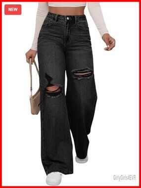 High Waist Ripped Wide Leg Baggy Jeans Distressed Denim Pants
